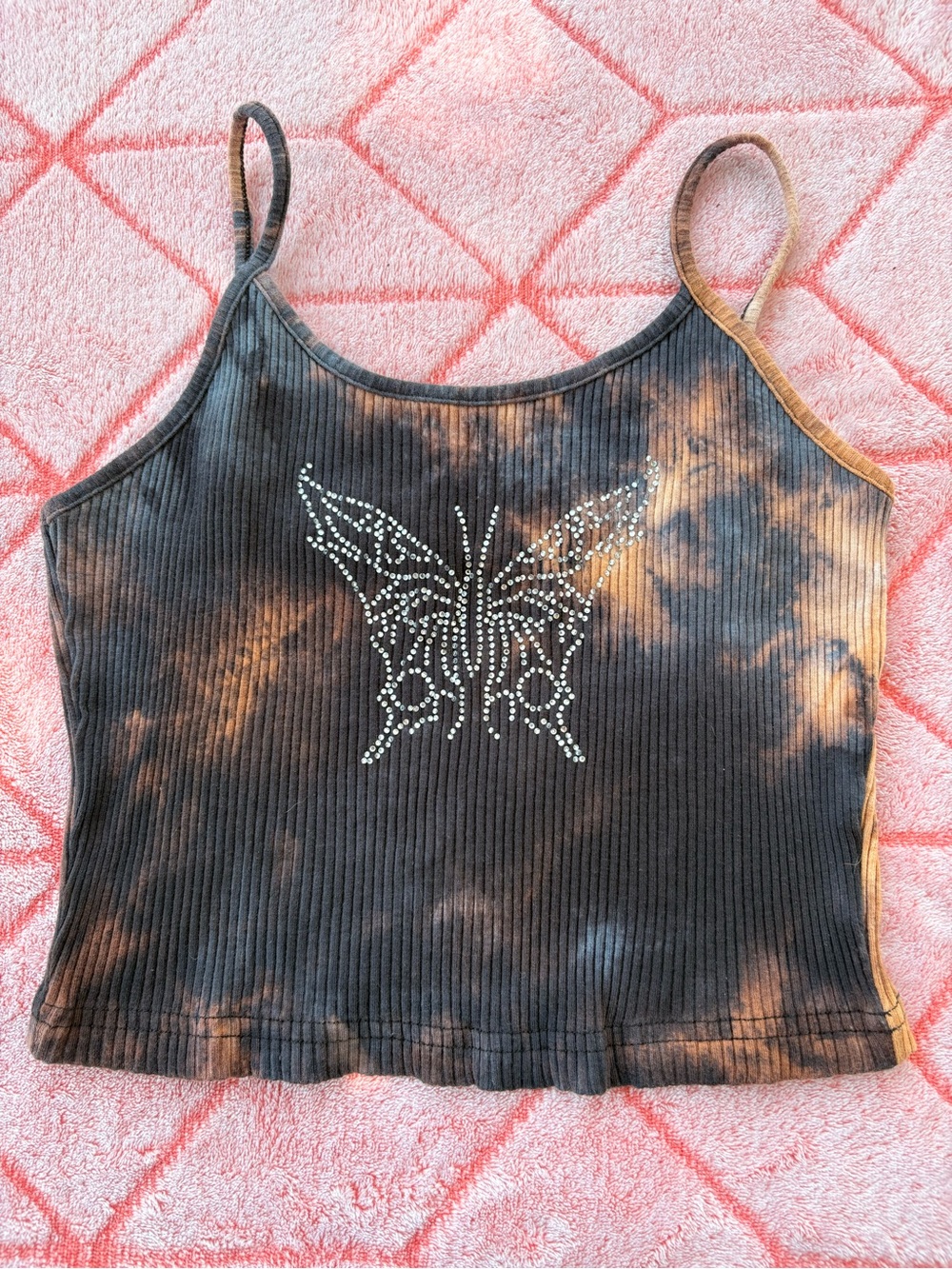 SHEIN Black & Brown Tie-Dye Rhinestone Butterfly Ribbed Cami